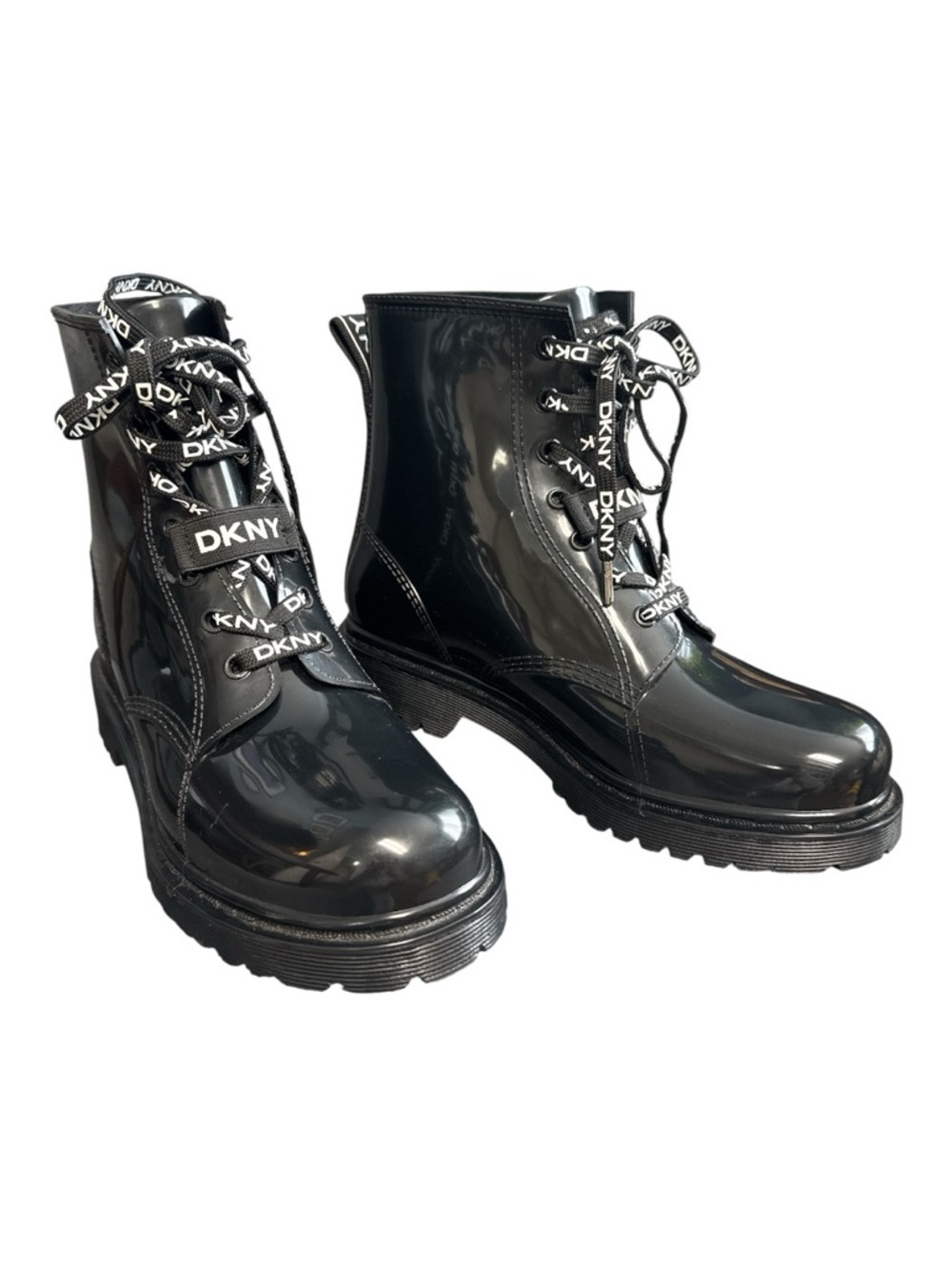 DKNY Tibby Black Vegan Patent Leather Logo Laced Combat Boho Moto Boots Sz 8
